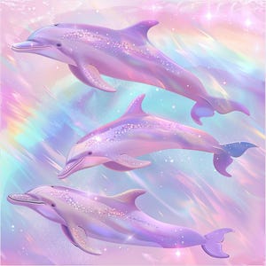 May include: Three pink dolphins with iridescent glitter swim in a rainbow-coloured background. The dolphins are in a playful pose, with their tails up in the air.