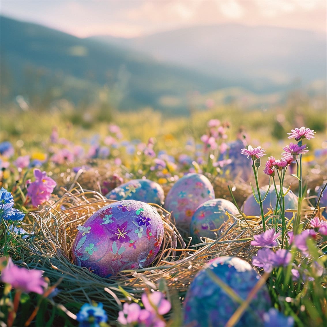20 Spring Meadow Easter Eggs Clipart, Spring Meadow Easter Eggs Digital