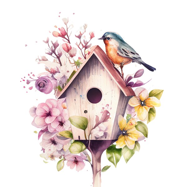 15 Watercolor Bird Houses Clipart, High Quality Transparent PNG, Watercolor, Card Making, Digital Planner, Digital Paper Craft