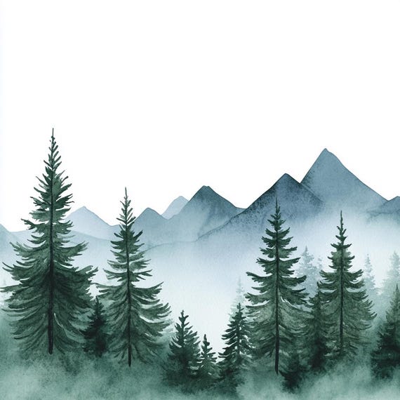 24 Watercolor Mountain Forest Clipart, Green Pine Trees Landscape Illustration, Mountain Range Artwork PNG, Nature Digital Download