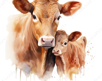 23 Baby Calf With Mother, High Quality Transparent PNG, Cow Baby, Baby Animal, Watercolor, Card Making, Journaling, Digital Download