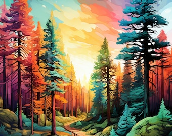 32 Colorful Pine Trees Watercolor Clipart – High-Quality PNGs for Forest Backgrounds, Card Making, Digital Planners & Crafts