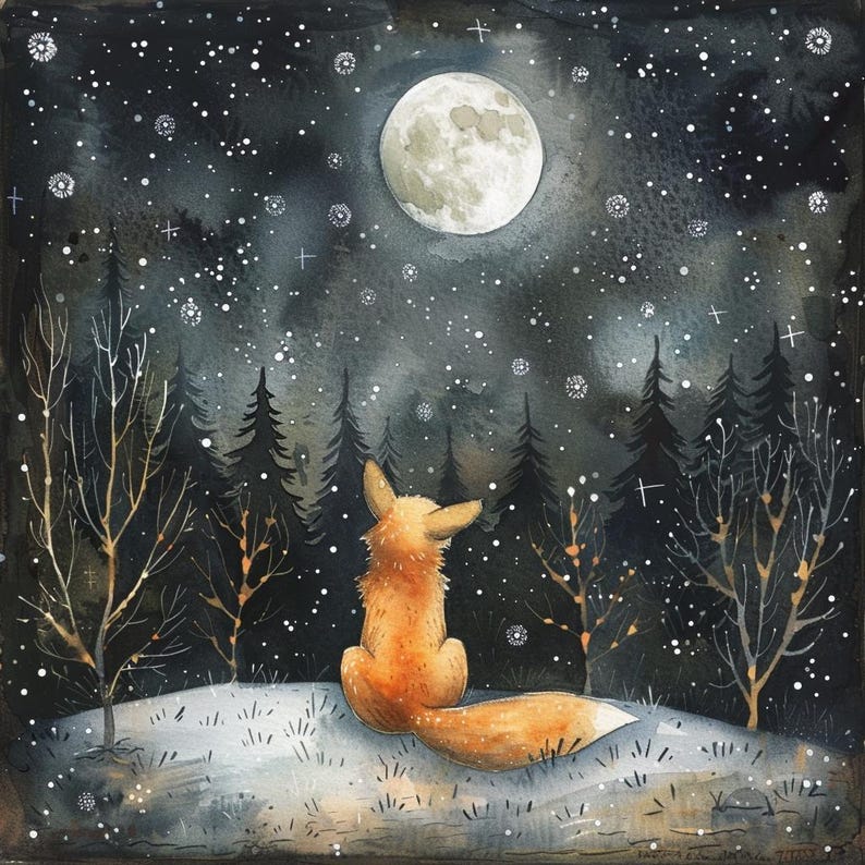 May include: A watercolour painting of a fox sitting in a snowy woodland, gazing up at a full moon in the night sky. The fox is orange and brown with a bushy tail. The moon is white and luminous.