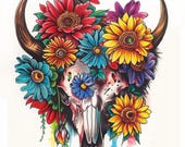 19 Boho Bull Skull Clipart, Floral Skull Clipart, Watercolor Bull Skull Art, Colorful Flowers Artwork, Printable Wall Art Download