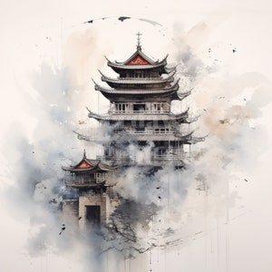 Peut inclure: Une peinture à l'aquarelle d'une pagode chinoise traditionnelle avec une plus petite pagode devant elle. Les pagodes sont entourées d'une atmosphère brumeuse et éthérée.