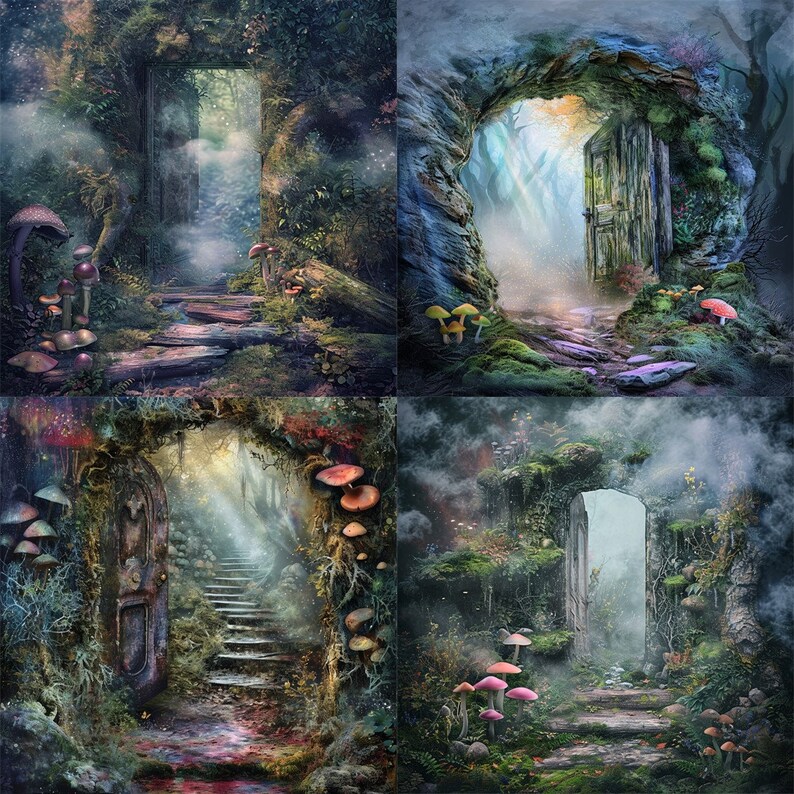 May include: Four digital art images of magical forest scenes with arched doorways leading to paths and stairs. Each scene features a different style of doorway and includes colorful mushrooms.