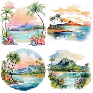 May include: Four watercolor paintings of tropical islands with palm trees, mountains, and beaches. The paintings are in a soft, pastel color palette and feature a variety of tropical flowers.