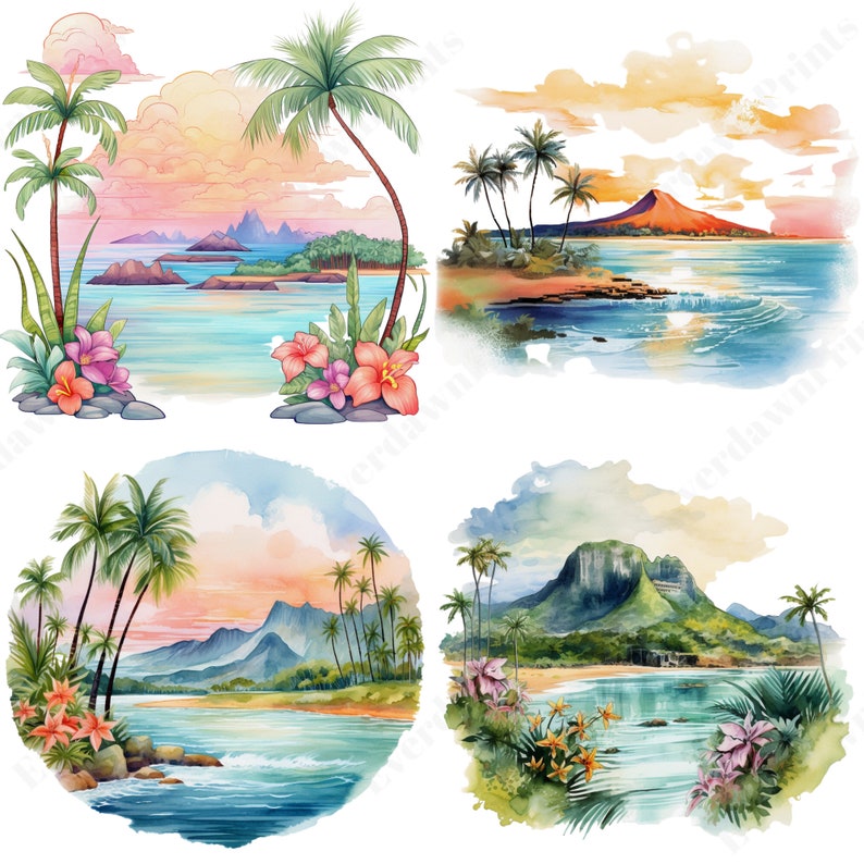 May include: Four watercolor paintings of tropical islands with palm trees, mountains, and beaches. The paintings are in a soft, pastel color palette and feature a variety of tropical flowers.