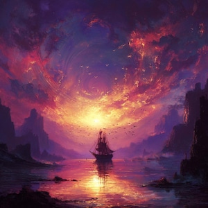 May include: A digital painting of a ship sailing on calm water at sunset. The sky is filled with swirling clouds of orange, red, and purple. Silhouetted birds fly above the ship, and the water reflects the vibrant colors of the sky.