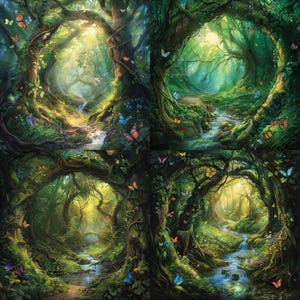 May include: A digital painting of a magical forest with a winding path, a stream, and butterflies of various colors. The trees are lush and green, and the light is dappled and warm.