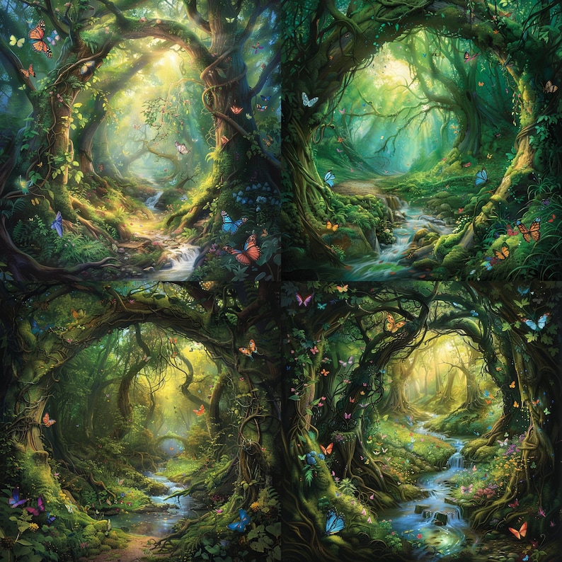 May include: A digital painting of a magical forest with a winding path, a stream, and butterflies of various colors. The trees are lush and green, and the light is dappled and warm.