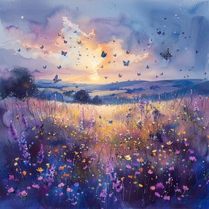 Puede incluir: Pintura a la acuarela de un campo de flores silvestres con mariposas. La obra presenta una vibrante puesta de sol con un cielo de azules, morados y naranjas. Las mariposas están dispersas por la escena, añadiendo movimiento y vida al paisaje.