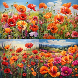May include: A collage of four paintings featuring vibrant red poppies in a field of green grass and wildflowers. The paintings depict different perspectives and compositions of the poppies, showcasing their beauty and delicate petals.