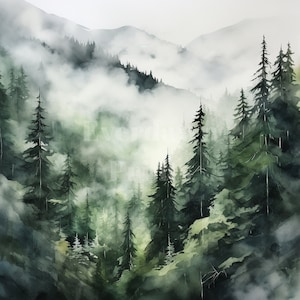 Op de afbeelding: Een aquarel schilderij van een mistige bossen sc&egrave;ne met hoge, donkergroene bomen. De mist cre&euml;ert een gevoel van diepte en mysterie, met de bomen die lijken te vervagen in de verte.