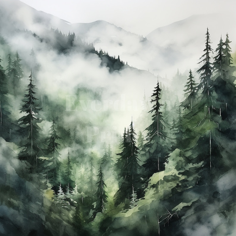 Op de afbeelding: Een aquarel schilderij van een mistige bossen sc&egrave;ne met hoge, donkergroene bomen. De mist cre&euml;ert een gevoel van diepte en mysterie, met de bomen die lijken te vervagen in de verte.
