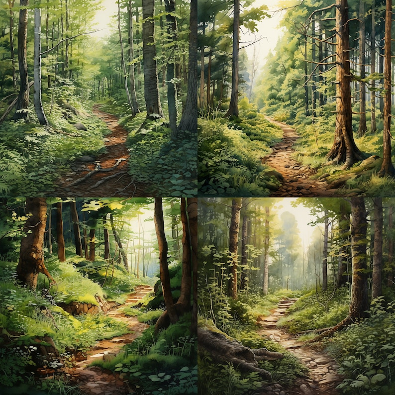 May include: A scenic view of a forest path winding through lush green trees. Sunlight filters through the leaves, casting dappled shadows on the ground. The path leads deeper into the woods, inviting exploration.