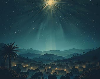 24 Starry Night Bethlehem Scene Clipart, Christmas Star Over City Digital Download, Nativity Background Illustration, Holiday Clipart