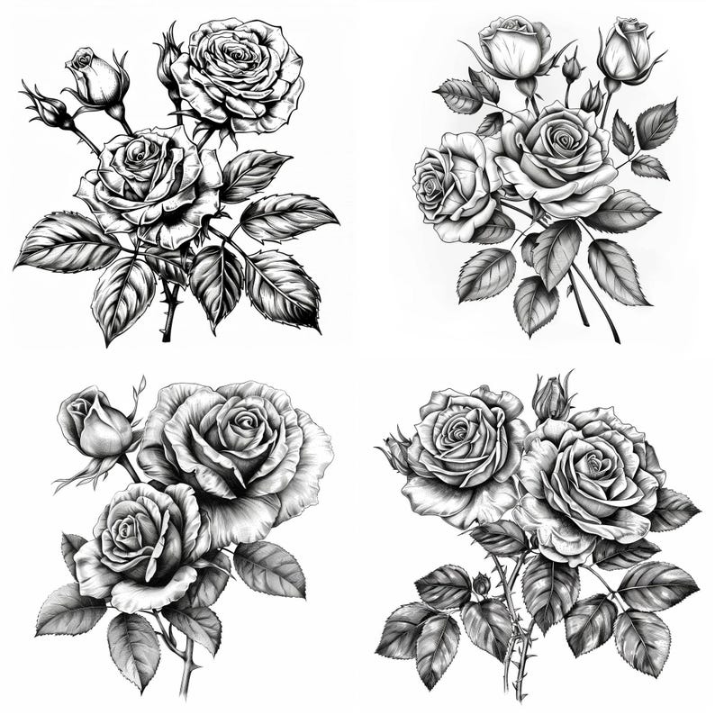Op de afbeelding: Vier zwart-witte potloodtekeningen van rozen met stelen en bladeren. Elke tekening toont een andere opstelling van rozen.