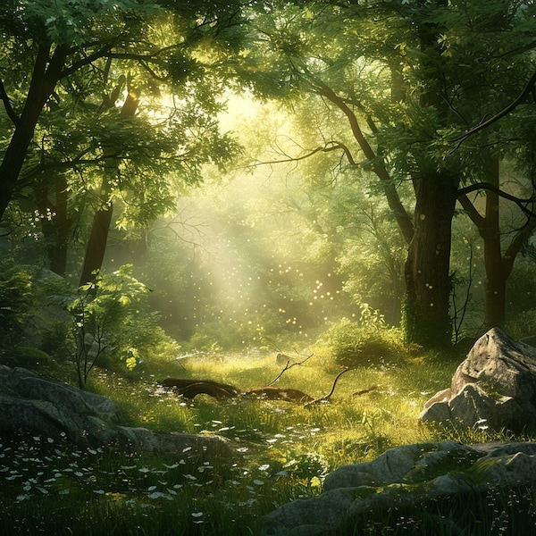 24 Enchanted Forest Digital Wallpaper, Mystic Woods Sunlight Desktop Background, Magical Nature Scenery, Greenery Photo, Digital Download