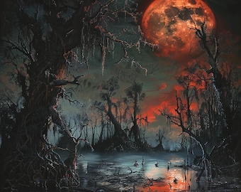 24 Enchanting Red Moon Forest Clipart, Spooky Halloween Swamp Illustration, Dark Fantasy Digital Art, Gothic Wall Decor Printable