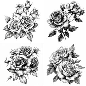 Op de afbeelding: Vier zwart-wit illustraties van rozen met bladeren en stelen. Elke illustratie toont een andere opstelling van rozen.
