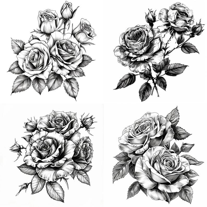 Op de afbeelding: Vier zwart-wit illustraties van rozen met bladeren en stelen. Elke illustratie toont een andere opstelling van rozen.