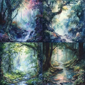 Foggy morning in a mystical forest with ethereal light beams