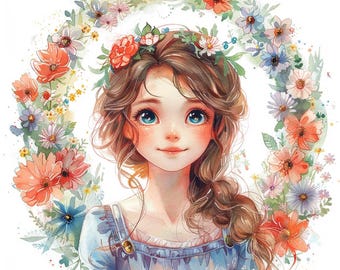24 Blommig Flicka Clipart, Akvarellblommor, Söt Anime Flicka Konst, Digital Grafik, Personligt Kommersiellt Bruk, Digital Nedladdning