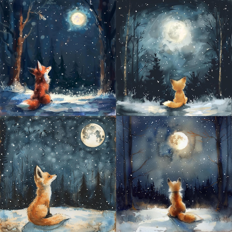 May include: Four watercolour paintings of foxes looking up at the moon in a snowy forest. Each painting features a different moon phase.