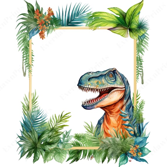 12 Watercolor Jurassic Palm Leaves Frames, Dino Borders, Dino