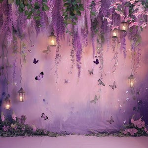 May include: Purple wisteria flowers hang from a trellis with small lanterns and butterflies. The background is a soft purple gradient.