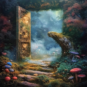 May include: A magical forest scene with a large, weathered wooden door leading into a misty path. The path is lined with glowing mushrooms and leads to a clearing with a large, moss-covered rock formation.
