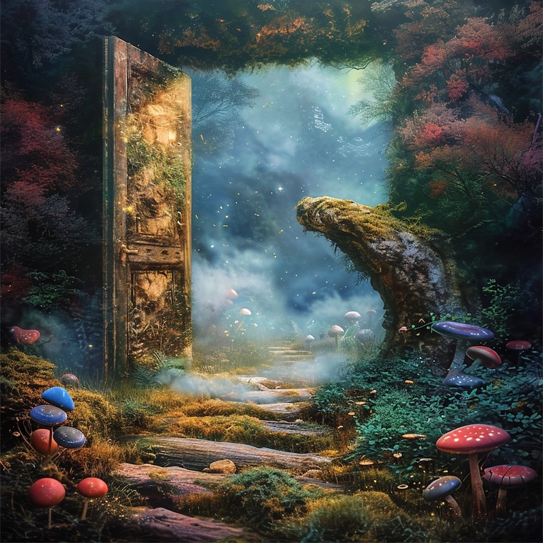 May include: A magical forest scene with a large, weathered wooden door leading into a misty path. The path is lined with glowing mushrooms and leads to a clearing with a large, moss-covered rock formation.