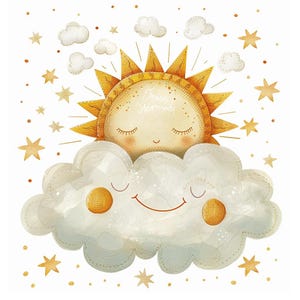 Può includere: Un sole giallo con un viso sorridente e gli occhi chiusi riposa su una nuvola bianca soffice con un viso sorridente e gli occhi chiusi. Il sole e la nuvola sono circondati da piccole stelle gialle su uno sfondo bianco.