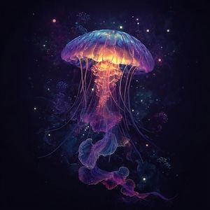 May include: Digital art of a vibrant jellyfish in a dark, starry space. The jellyfish has a translucent, dome-shaped bell with shades of purple, blue, and orange. Long, flowing tentacles trail below, with a cosmic background.
