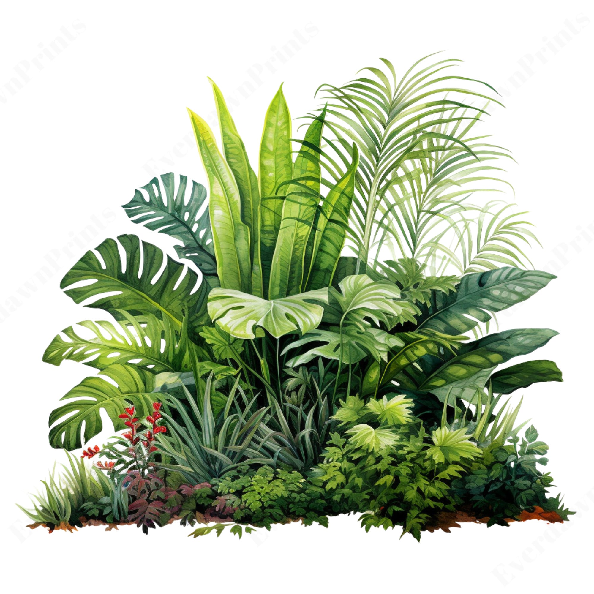 24 Watercolor Tropical Greenery Clipart – Lush Jungle Leaves, Monstera, Palm, Ferns – High-Quality PNGs for Invitations & Crafts