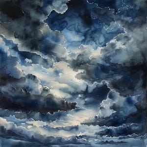 Pode incluir: Uma pintura em aquarela de um céu tempestuoso com nuvens azul-escuro e cinzas. As nuvens são sobrepostas e texturizadas, criando uma sensação de profundidade e movimento. O céu é iluminado por um brilho fraco de luz, sugerindo a presença do sol atrás das nuvens.