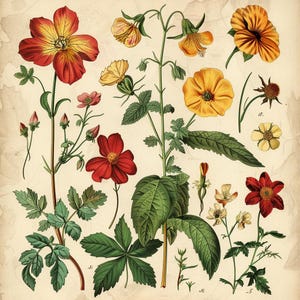 24 imágenes prediseñadas de flores vintage, ilustración botánica, imágenes prediseñadas florales, arte floral antiguo, gráficos florales, flores PNG, descarga digital