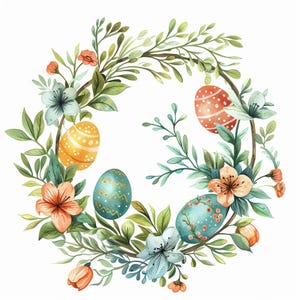 24 Clipart de couronne d'oeufs floraux de Pâques, téléchargement numérique de printemps, décoration de Pâques imprimable, aquarelle, graphiques de vacances, travaux manuels