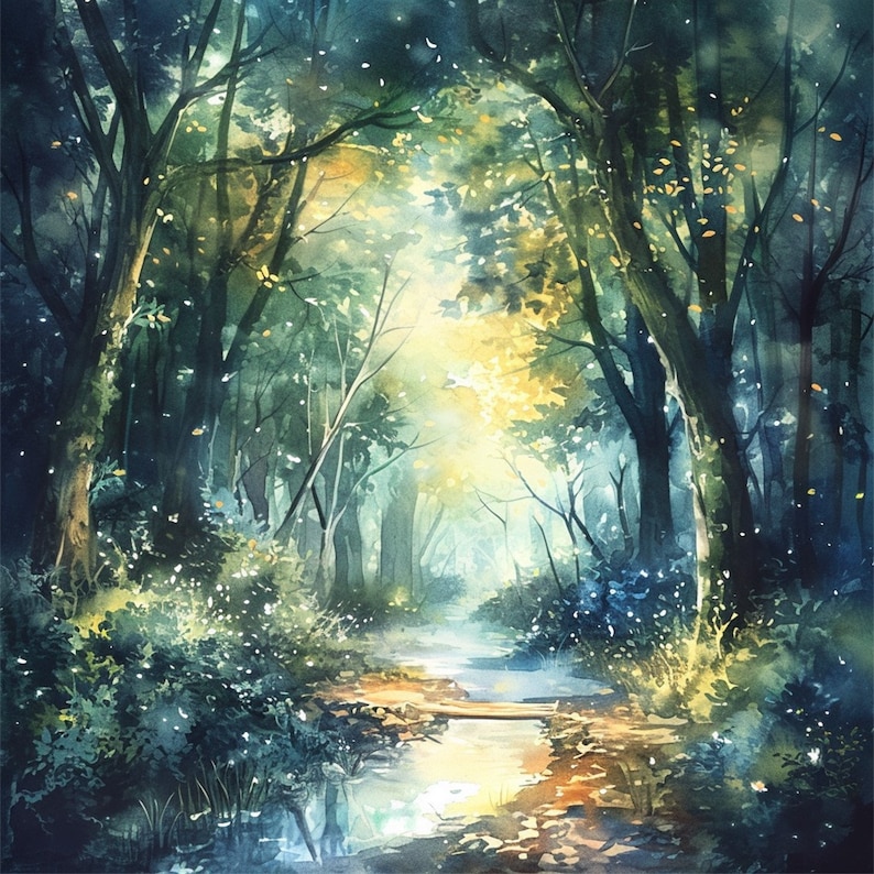 Enchanted forest pathway surrounded by lush greenery and dappled sunlight