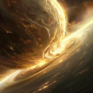 Op de afbeelding: Een draaiende, gouden galaxie met een heldere, vurige kern. De galaxie is gevuld met sterren en draaiende stof.