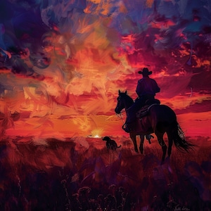 24 Cowboy Silhouette bei Sonnenuntergang Clipart, Pferd und Hund Silhouette Kunst, Western Landschaft Digital Download