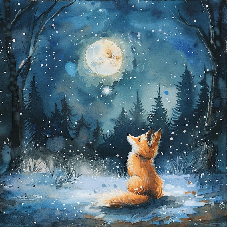 May include: A red fox sits in a snowy woodland, gazing up at a full moon in the night sky. The moon is bright and white, and the woodland is dark and mysterious.