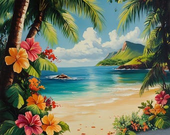 海辺の水彩画プリント：ビーチのトロピカルガール（アーカイバル