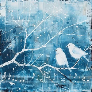 May include: A blue and white painting of birds on a branch with musical notes in the background. The birds are white and blue and are singing. The painting is abstract and has a whimsical feel.