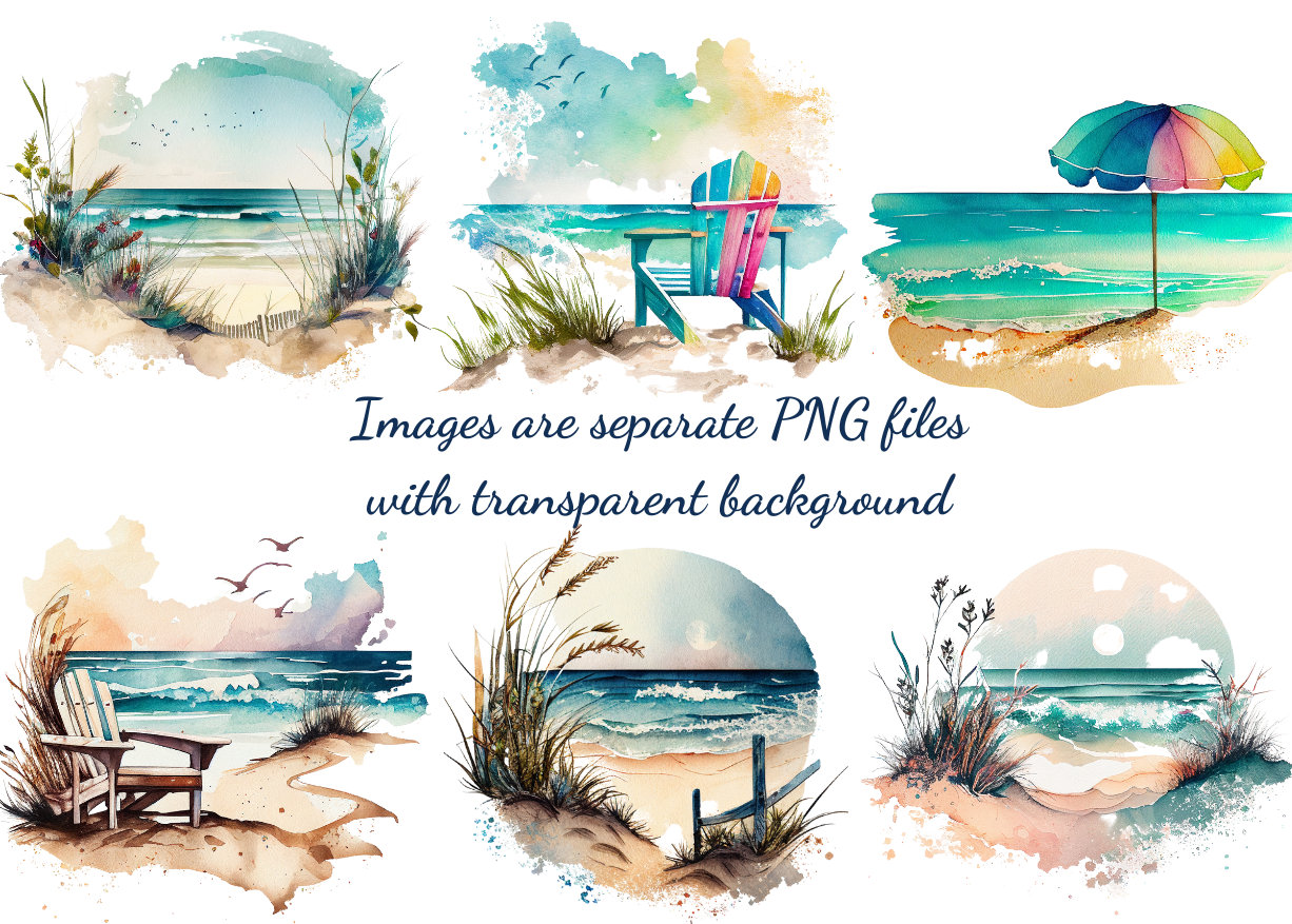 31 Watercolor Beach Clipart, High Quality Pngs, Nursery Art, Digital ...
