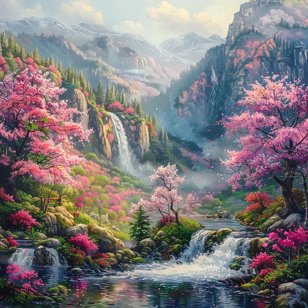24 Beautiful Mountain Landscape Clipart, Waterfall and Flowers Digital Download, Nature Scene Digital Art, Forest Illustration Clip Art