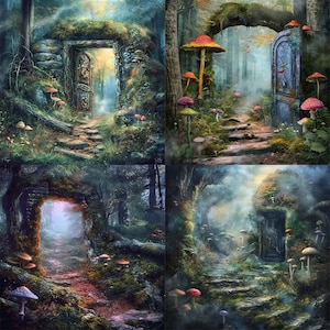 May include: A digital collage of four images depicting a magical forest with stone archways leading to a mysterious path. Each image features a different pathway with lush greenery, mossy stones, and glowing mushrooms.