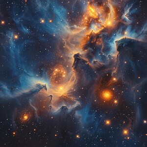May include: A vibrant nebula with swirling clouds of gas and dust, illuminated by bright stars. The nebula is a mix of blue, orange, and yellow hues, creating a stunning cosmic landscape.