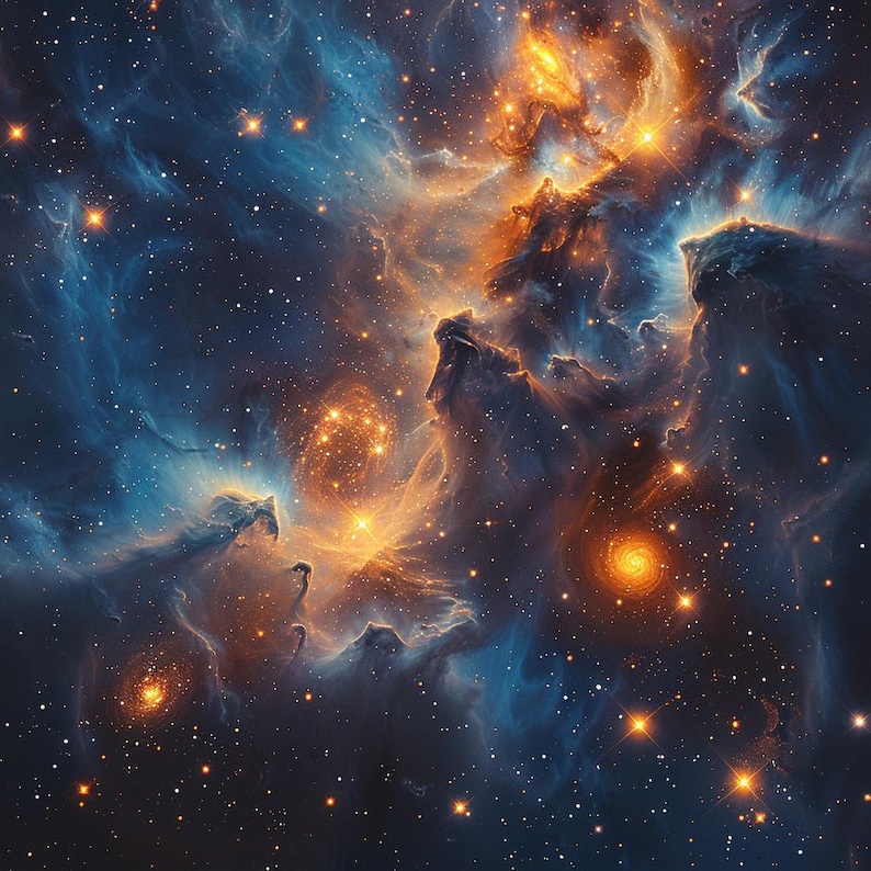 May include: A vibrant nebula with swirling clouds of gas and dust, illuminated by bright stars. The nebula is a mix of blue, orange, and yellow hues, creating a stunning cosmic landscape.